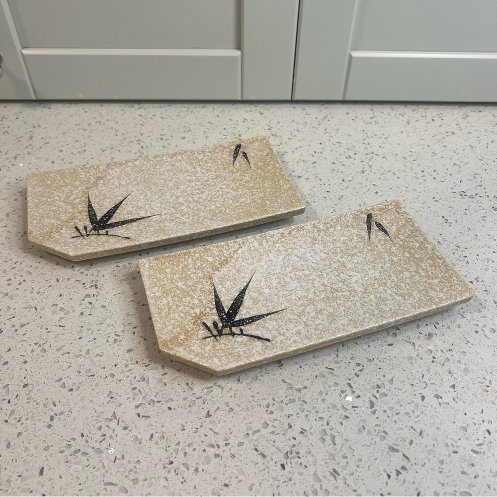 Vintage Ceramic Sushi Plates | Black Bamboo Design | Paint Splatter Effect